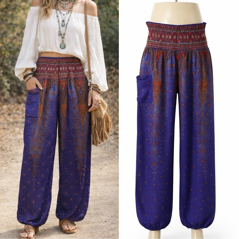 Ori | NWOT Deep Purple Peacock Boho High-Waist Wide-Leg Pants (size S)